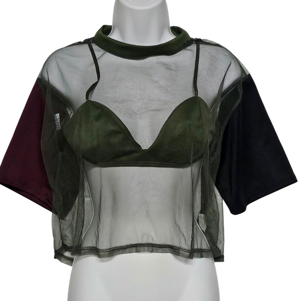 Womens‎ Sheer Mesh Colorblock Crop Top Olive Green Bralette Medium
